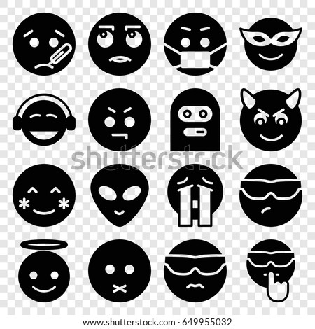 Emoticon icons set. set of 16 emoticon filled icons such as blush, emoji in mask, sad emot, cool emot in sunglasses, emoji angel