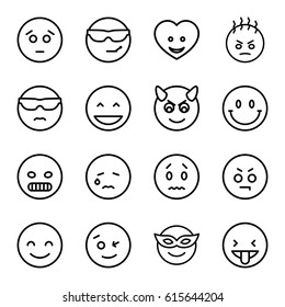 Emoticon icons set. set of 16 emoticon outline icons such as heart face, laughing emot, wink emot, emoji in mask