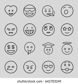 Emoticon icons set. set of 16 emoticon outline icons such as heart face, laughing emot, emot in sun glasses, emoji angel, graduate emoji