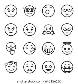 Emoticon icons set. set of 16 emoticon outline icons such as smiling emot, laughing emot, emoji in mask, emoji angel