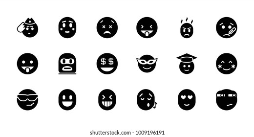Emoticon icons. set of 18 editable filled emoticon icons: blush, emoji in mask, cool emot in sunglasses, graduate emoji, soldier emot