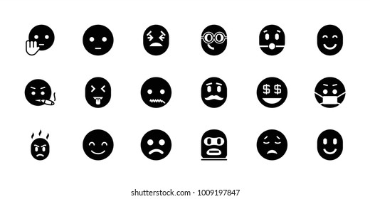 Emoticon icons. set of 18 editable filled emoticon icons: sad smiley, smiling emot, sad emot, dollar smiley, emoji in mask