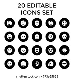 Emoticon icons. set of 20 editable filled emoticon icons such as smiling emot, laughing emot, angry emoji, eating mouth, emoji. best quality emoticon elements in trendy style.