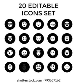 Emoticon icons. set of 20 editable filled emoticon icons such as sad emot, cool emot in sunglasses, shocked emoji. best quality emoticon elements in trendy style.