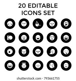 Emoticon icons. set of 20 editable filled emoticon icons such as smiling emot, laughing emot, blush, emoji angel. best quality emoticon elements in trendy style.