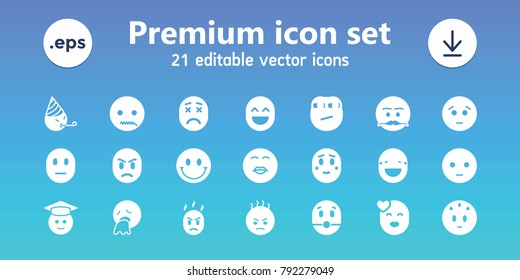Emoticon icons. set of 21 editable filled emoticon icons includes sad emot, sweating emot, graduate emoji, smiley