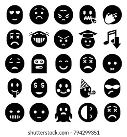 Emoticon icons. set of 25 editable filled emoticon icons such as sad emot, crying emot, graduate emoji, angry emoji, eating mouth, blush, emoji showing tongue, ghost