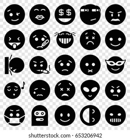 Emoticon icons set. set of 25 emoticon filled icons such as smiling emot, wink emot, emoji in mask, emoji listening music, dollar smiley, rolling eyes emoji
