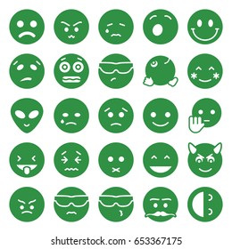 Emoticon icons set. set of 25 emoticon filled icons such as smiling emot, laughing emot, blush, shocked emoji, alien head, dancing emoji, smiley