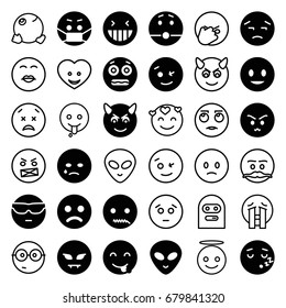 Emoticon icons set. set of 36 emoticon filled and outline icons such as smiling emot, laughing emot, shocked emoji, emoji in mask, alien head, heart face