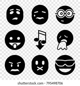 Emoticon icons. set of 9 editable filled emoticon icons such as emot in sun glasses, angry emot, nerd emoji