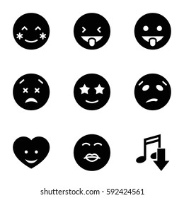 emoticon icons set. Set of 9 emoticon filled icons such as blush, kiss emot, sweating emot, happe emoji with star eyes, heart face