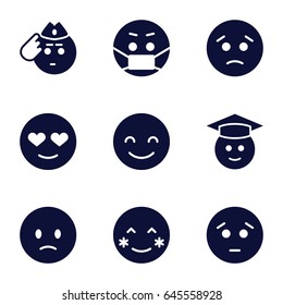 Emoticon icons set. set of 9 emoticon filled icons such as blush, smiling emot, sad emot, graduate emoji