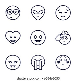 Emoticon icons set. set of 9 emoticon outline icons such as heart face, smiling emot, upset emot, shy emoji, nerd emoji, crying emoji