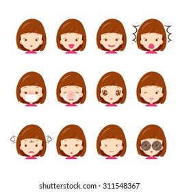 Emoticon icons set of cute girl with various emotions, emoji, facial, feeling, mood, personality, symbol