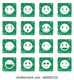 Emoticon icons set in grunge style green isolated vector illustration