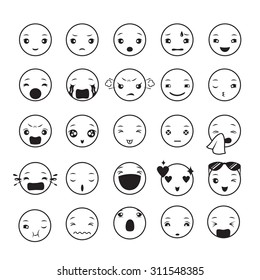 Emoticon icons set with various emotions, monochrome, emoji, facial, feeling, mood, personality, symbol