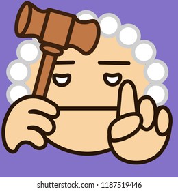 emoticon with emoticon with jury that is wearing a wig and pointing his finger up while holding a gavel hammer, circle shaped vector emoji in color, simplistic colorful pictogram