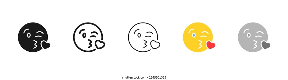 Emoticon line icon. Love, osculation, smooch, kiss, heart, round face, distempered emotion, feeling, emoji. Sympathy concept. Vector five icon in different style on white background