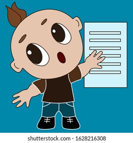 emoticon with a little man who says something and points to a list sheet, emoji boy on a blue isolated background
