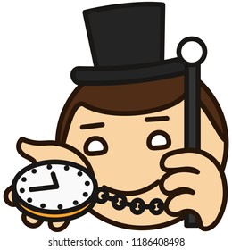 emoticon with London dandy in a high society top hat that is holding watch on a chain & a cane, english gentleman showing what time is it now on his clock, circle shaped vector emoji in color