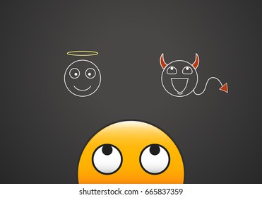 Emoticon Looking At His Good And Bad Conscience Represented By An Angel A Demon. Vector Illustration