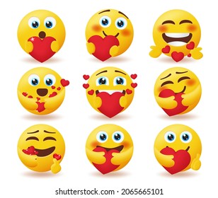 Emoticon in love emojis vector set. Valentine emoticons character with hearts love element isolated in white background for care and love emoji collection design. Vector illustration.
