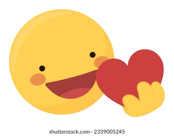 Emoticon in love holding a heart with his hand.
Cute smiling emoji face, happy to have a heart to share or gift and give love.
Sticker, clipart, to use in chat, designs, printables. Vector, clip art