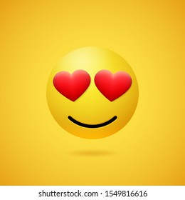 Emoticon in love with red heart shaped eyes and mouth on yellow gradient background. Vector funny yellow cartoon Emoji icon. 3D illustration for chat or message.