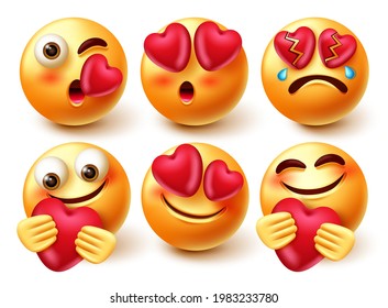 Emoticon love vector character set. In love 3d emoji characters with expressions like kiss, crying and holding heart for in love and care cute emojis collection design. Vector illustration