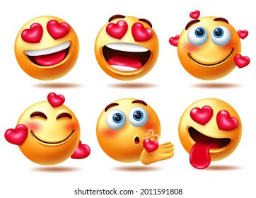 Emoticon love vector character set. In love 3d emoji characters with hearts element in happy and flying kiss facial expressions for inlove emojis collection design. Vector illustration
