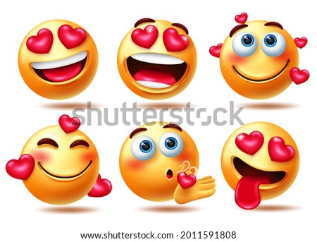 Emoticon love vector character set. In love 3d emoji characters with hearts element in happy and flying kiss facial expressions for inlove emojis collection design. Vector illustration
