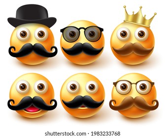 Emoticon male character vector set. Emoji 3d characters wearing elements like mustache, crown and hat for emojis man character collection design. Vector illustration