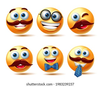 Emoticon male character vector set. Emoji 3d man with happy facial expressions wearing elements like ribbon and neck tie for emoticons characters collection design. Vector illustration