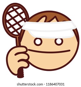 emoticon with Male tennis player that is holding a tenis racquet or racket in his hand and wearing a cap, man prepared to strike back, circle shaped vector emoji in color