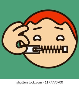 emoticon with man keeps his mouth shut by closing the lip zipper with his fingers, the I'm not going to tell anyone gesture, circle shaped vector emoji in color, simplistic colorful pictogram