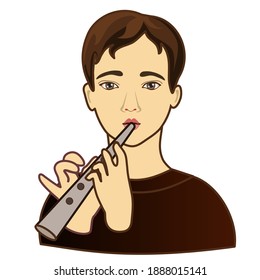Emoticon with a man playing the flute, color emoji on a white isolated background