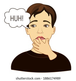 Emoticon with a man puzzled and unhappy look and thinks Hoh, color clip art on white isolated background