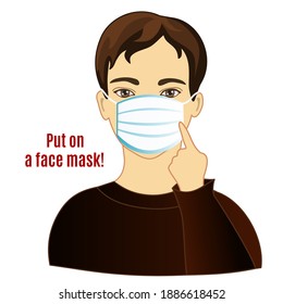emoticon with a man that points to a protective respiratory mask on his face to protect his from germs, viruses and pandemic diseases so he does not get sick, simple hand drawn vector emoticon