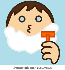 emoticon with man that is shaving his bristle with foam in the bathroom using a disposable shaver, male removing his facial hair in the morning, circle shaped vector emoji in color