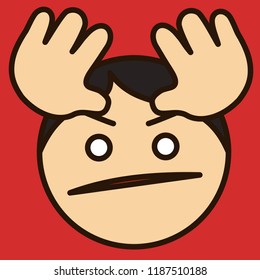 emoticon with man that is showing cuckold or horned husband gesture, gesturing character keeping his hands up at the level of his head to mimic moose or deer horns with open palms, vector pictogram