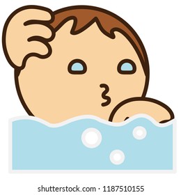 emoticon with man that is taking a bath with foam, human male bathing & washing his body with soap, circle shaped vector emoji in color, simplistic colorful pictogram