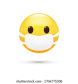 Emoticon with a medical mask on his face. Anti coronavirus character. Premium vector illustration.