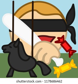 emoticon with mexican pinata horse that is hanging on strings, blindfolded man trying to smash the pony figure with a baseball bat to get some candies, traditional spanish pignatta party game