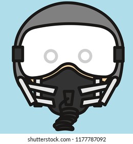 emoticon with modern fighter plane aircraft pilot wearing a special helmet with air or oxygen gas supply tube, mask and sunglasses or anti reflective glasses, circle shaped vector emoji in color
