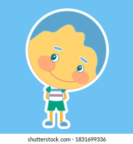 Emoticon and modest   shy boy who stands and his head bowed  smiles   holds his hands behind his back  vector color emoji blue isolated background