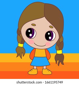 Emoticon and modest   shy girl who stands and his head bowed  smiles   holds her hands behind her back  vector color emoji isolated background