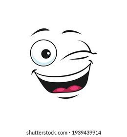 Emoticon with mouth open of laugh and blinked eyes isolated icon. Vector happy smiling emoji, giggling emoticon in good mood. Satisfied avatar expression, comic man head, blinked eyes, funny joke sign