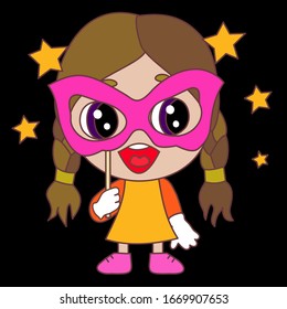 emoticon with mysterious chibi girl holding a carnival mask that merely covers face, simple colored  vector emoji