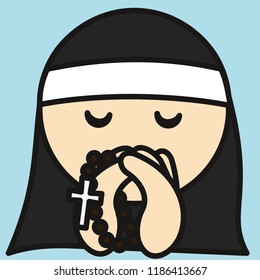 emoticon with nun praying to god while holding chaplet with eyes closed in church,sister whispering bible prayer with beads or rosary in her hand while wearing traditional christian woman monk robe